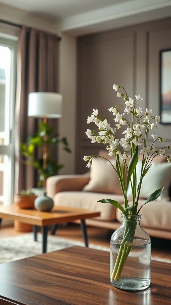 30 Stunning Baby's Breath Bouquets That Will Steal Your Heart (Wait Until You See #4!) A delicate baby's breath bouquet in a clear glass vase on a wooden coffee table in a cozy living room setting.