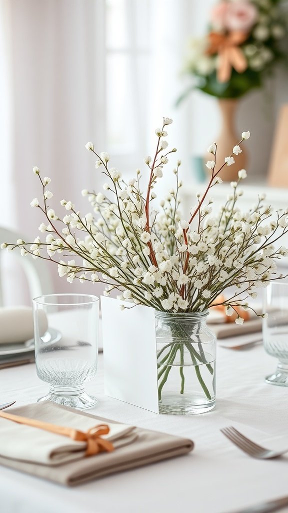 30 Stunning Baby's Breath Bouquets That Will Steal Your Heart (Wait Until You See #4!) A table set for a baby shower featuring a bouquet of baby's breath in a glass vase.