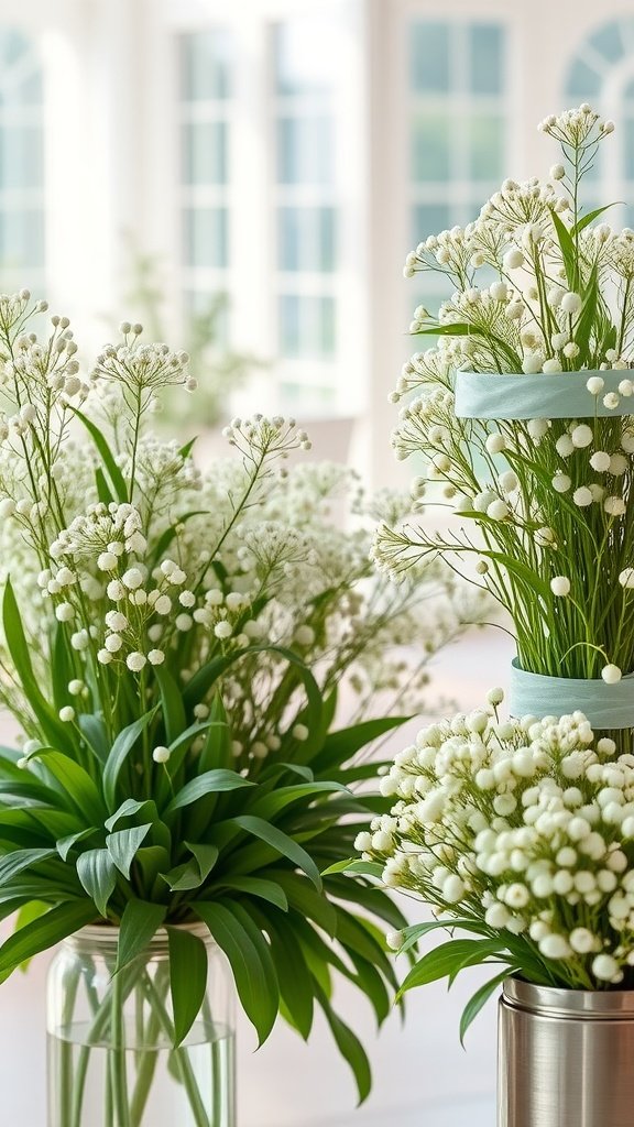 30 Stunning Baby's Breath Bouquets That Will Steal Your Heart (Wait Until You See #4!) A beautiful arrangement of baby's breath flowers in two vases, showcasing their delicate white blooms and lush green leaves.