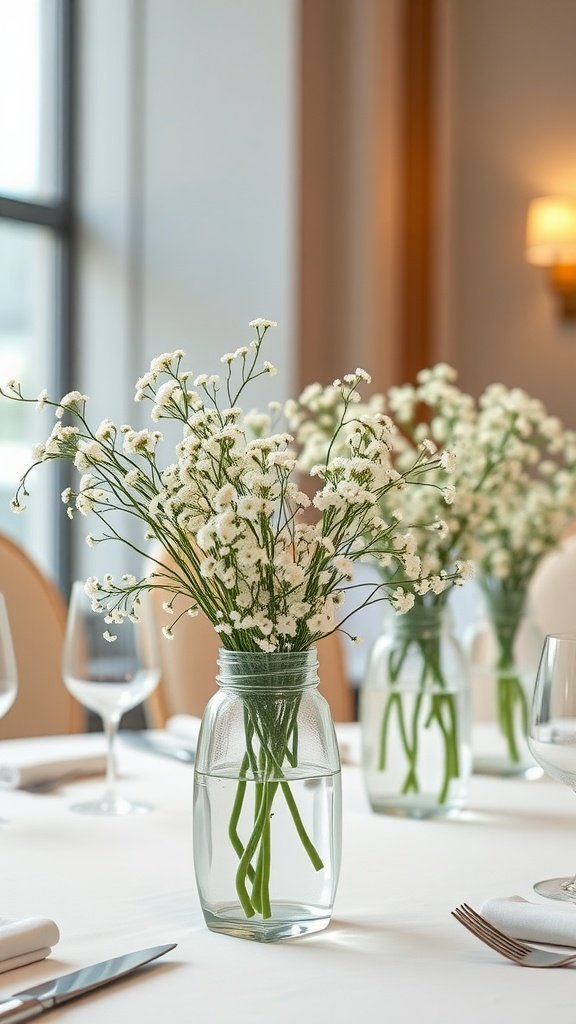30 Stunning Baby's Breath Wedding Centerpieces for a Dreamy Celebration Geometric vases filled with baby's breath flowers on elegantly set tables for a wedding