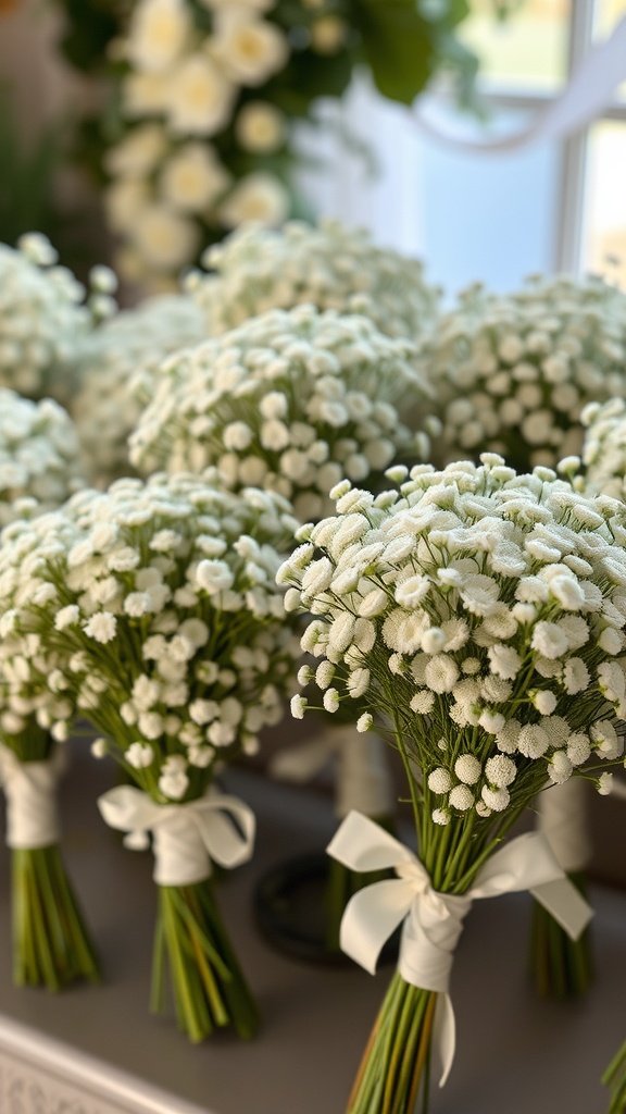30 Stunning Baby's Breath Wedding Centerpieces for a Dreamy Celebration Hand-tied bouquets of baby's breath flowers, wrapped with ribbon.