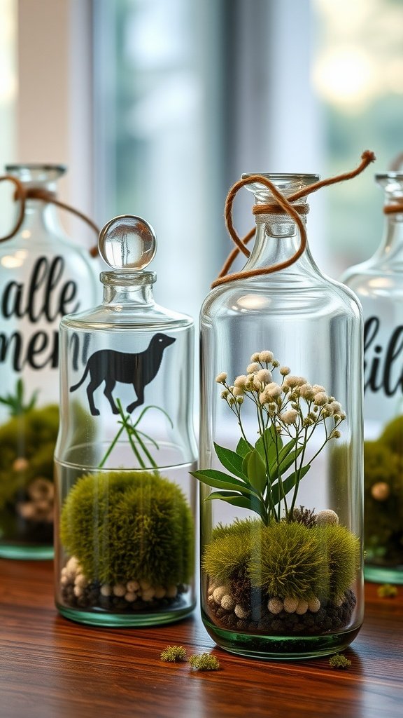 30 Stunning Baby's Breath Wedding Centerpieces for a Dreamy Celebration Terrariums with baby’s breath and moss in glass bottles.