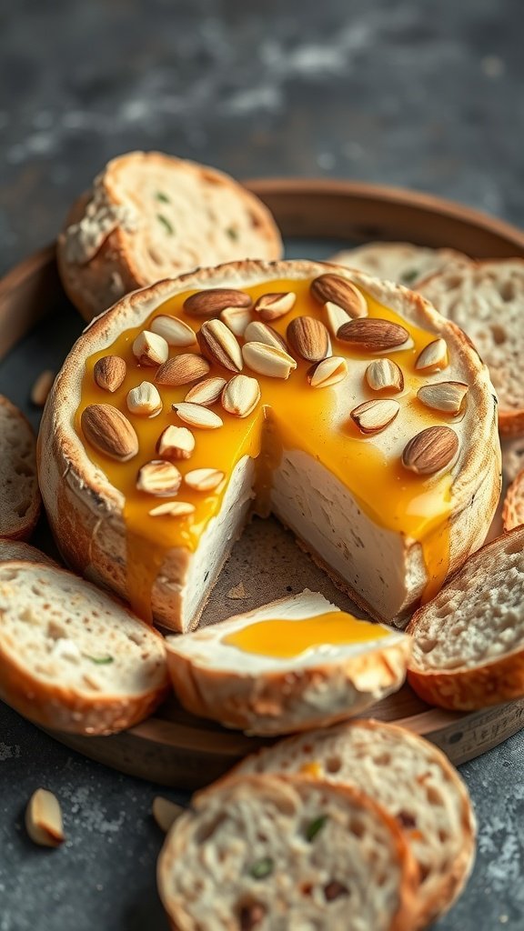 35 Irresistible Valentine’s Day Food Ideas to Celebrate Your Love A delicious baked brie topped with honey and almonds, served with slices of bread.