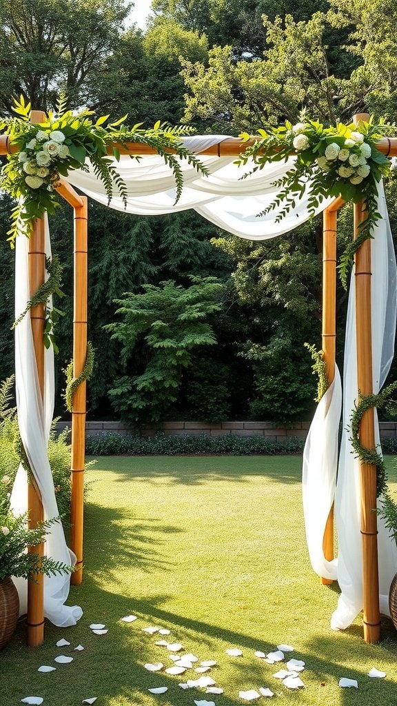 25 Unique Rustic Wedding Arch Ideas to Make Your Ceremony Unforgettable (Trust Us, #3 Is a Show-Stopper!) Bamboo frame wedding arch with draped white fabric and floral accents, set in a garden
