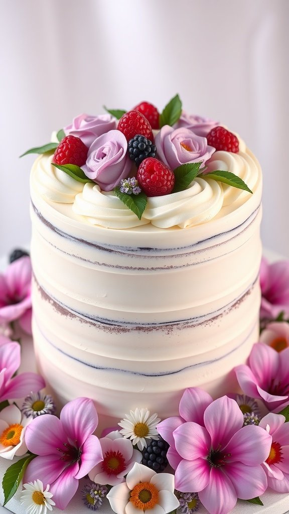 35 Enchanting Forest Wedding Cake Recipes for Your Dream Celebration A beautiful Berry Lavender Cake topped with fresh berries and lavender flowers, perfect for a forest wedding.