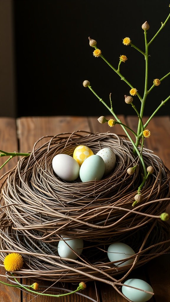 35 Easter Tablescape Ideas for a Festive Celebration A bird's nest centerpiece with colorful eggs and yellow flowers on a wooden table.