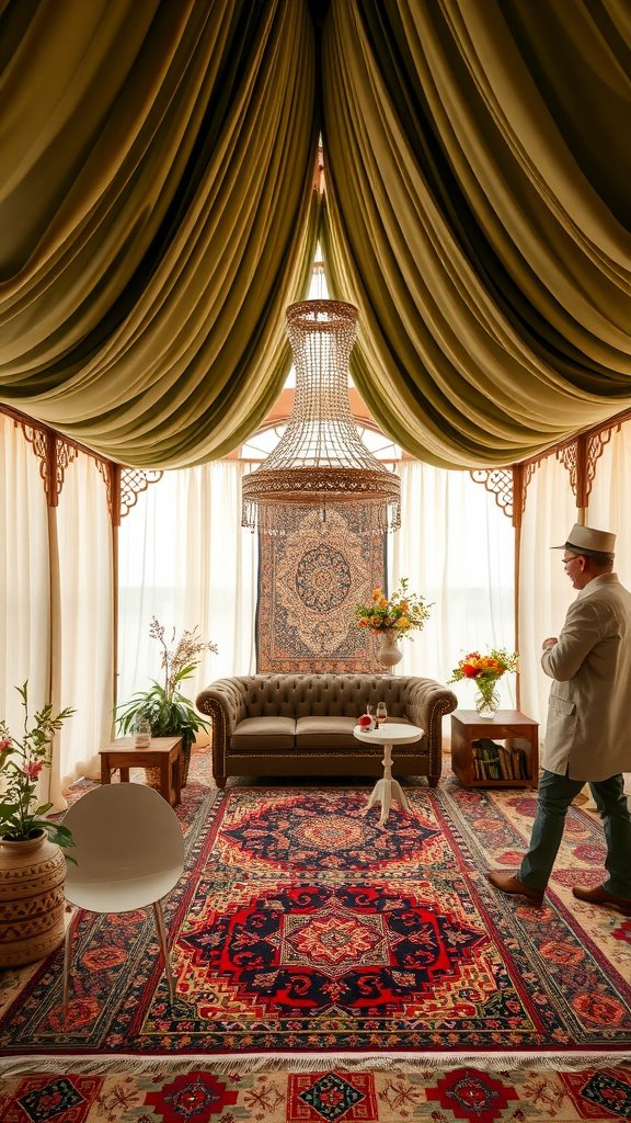 35 Stunning Olive Green Wedding Theme Color Schemes An interior space decorated in olive green with a vintage chandelier, a tufted sofa, and rich patterned rugs, evoking bohemian vibes.