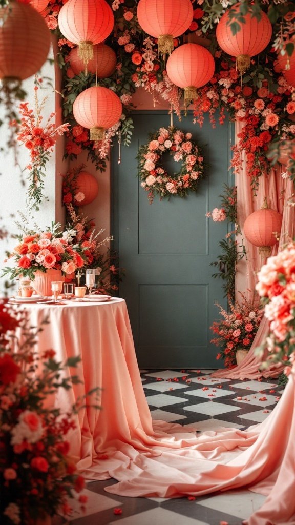 25 Beautiful Spring Wedding Color Palettes to Inspire Your Big Day A beautifully decorated spring wedding venue featuring bold coral accents with lanterns, floral arrangements, and a table setting.