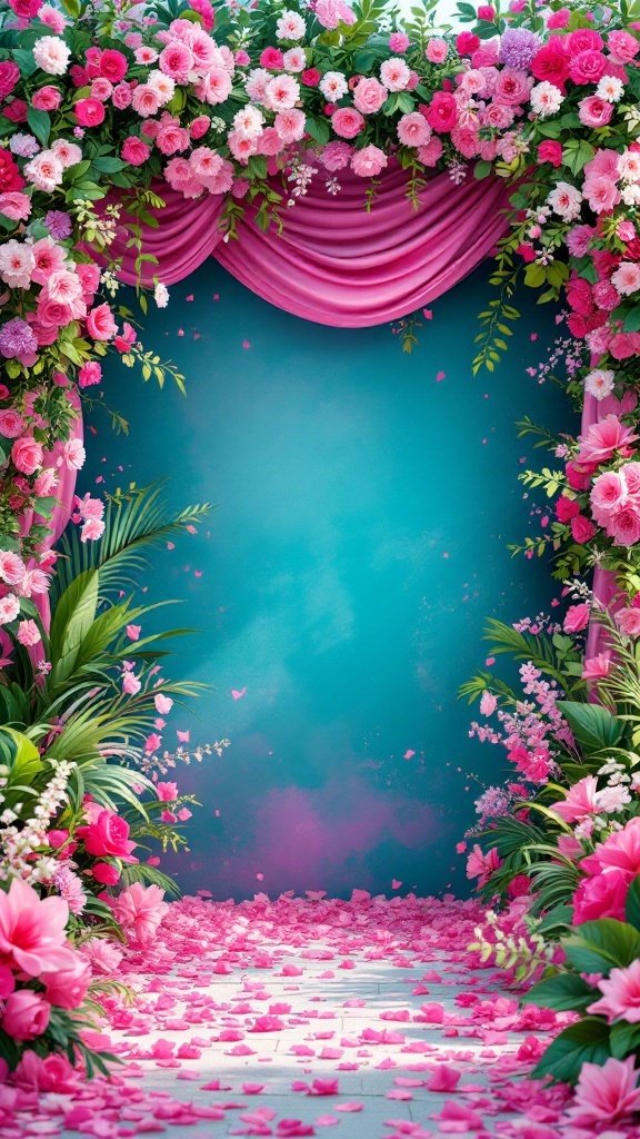 25 Beautiful Spring Wedding Color Palettes to Inspire Your Big Day A vibrant display of spring wedding colors featuring a backdrop of aqua with bold fuchsia flowers and drapes.