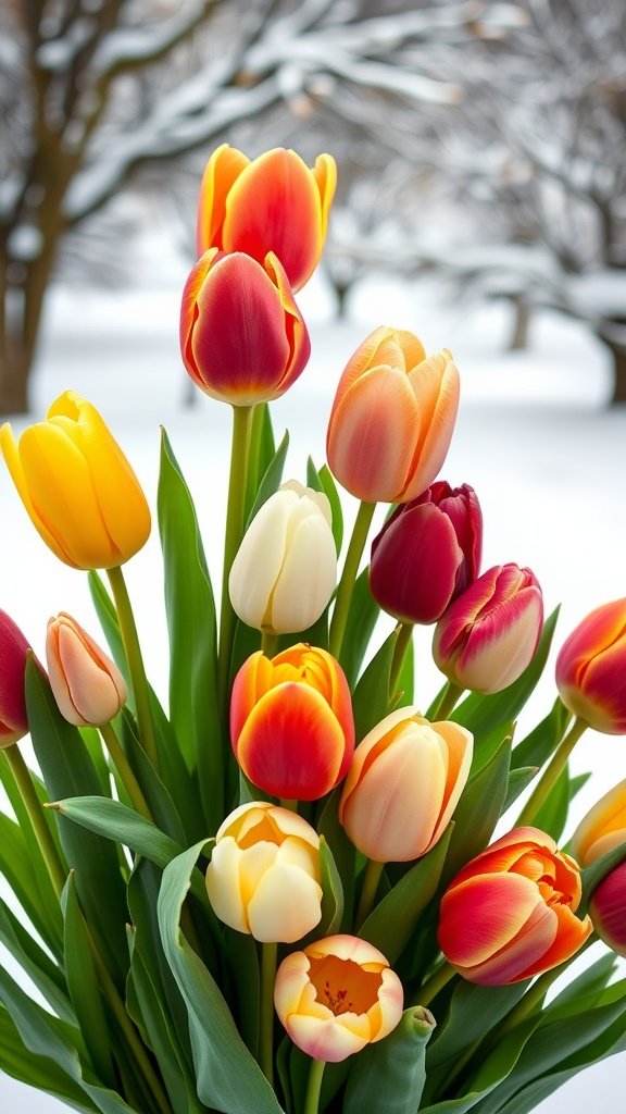 35 Wedding Winter Flower Bouquets That Will Make Your Heart Skip a Beat (Don't Miss #9!) A bouquet of colorful tulips in winter against a snowy background