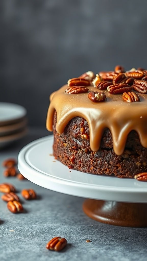 25 Irresistible Valentine’s Day Cake Ideas to Sweeten Your Celebration A moist Bourbon Pecan Cake topped with caramel glaze and pecans, displayed on a white plate.