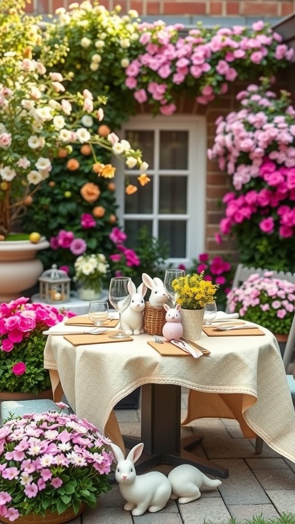 35 Easter Tablescape Ideas for a Festive Celebration A beautifully arranged outdoor Easter tablescape with a table set for dining, surrounded by colorful flowers and bunny decorations.