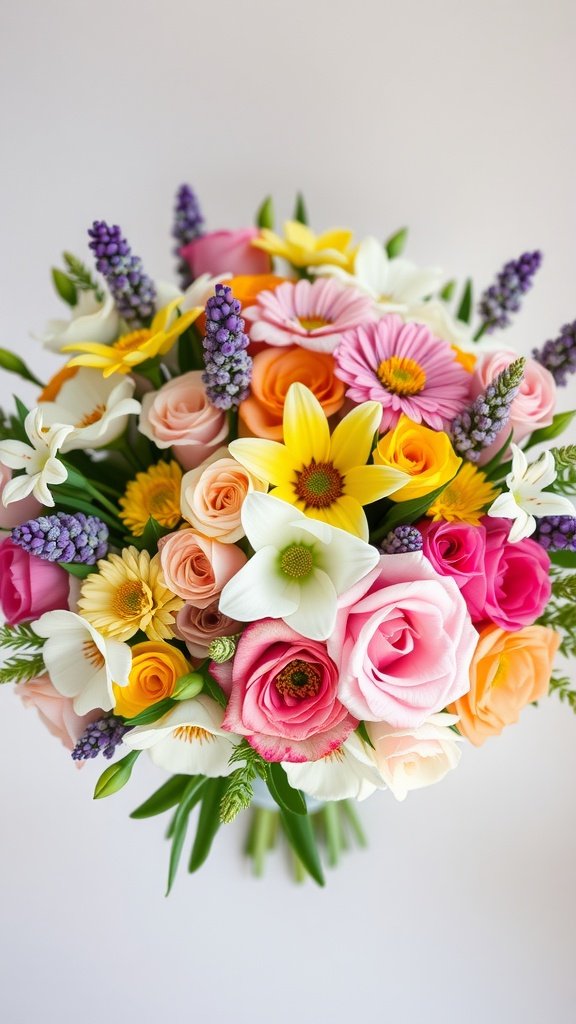 35 Enchanting Spring Wedding Flowers for Your Dream Celebration A colorful bridal bouquet featuring roses, lilies, daisies, and other seasonal blooms.
