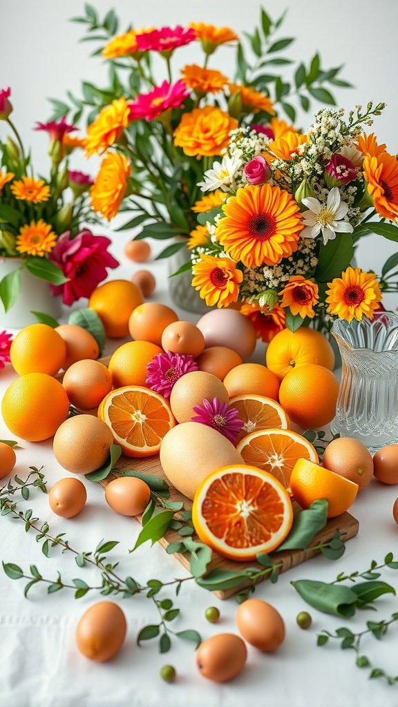 35 Easter Tablescape Ideas for a Festive Celebration A colorful arrangement featuring oranges, flowers, and decorated eggs for an Easter tablescape