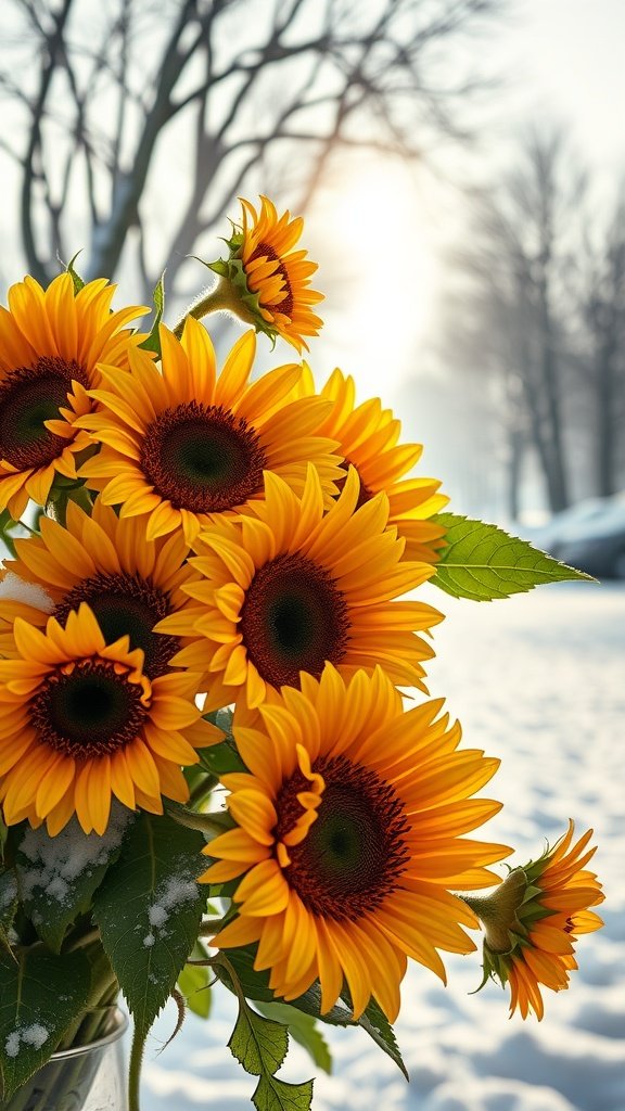35 Wedding Winter Flower Bouquets That Will Make Your Heart Skip a Beat (Don't Miss #9!) A bouquet of bright sunflowers in a snowy landscape, highlighting their vibrant yellow petals against the winter backdrop.