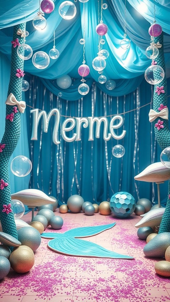 25 Stunning Mermaid Party Decoration Ideas for an Underwater Adventure A vibrant mermaid-themed party decoration featuring blue drapes, bubbles, and glittery elements.