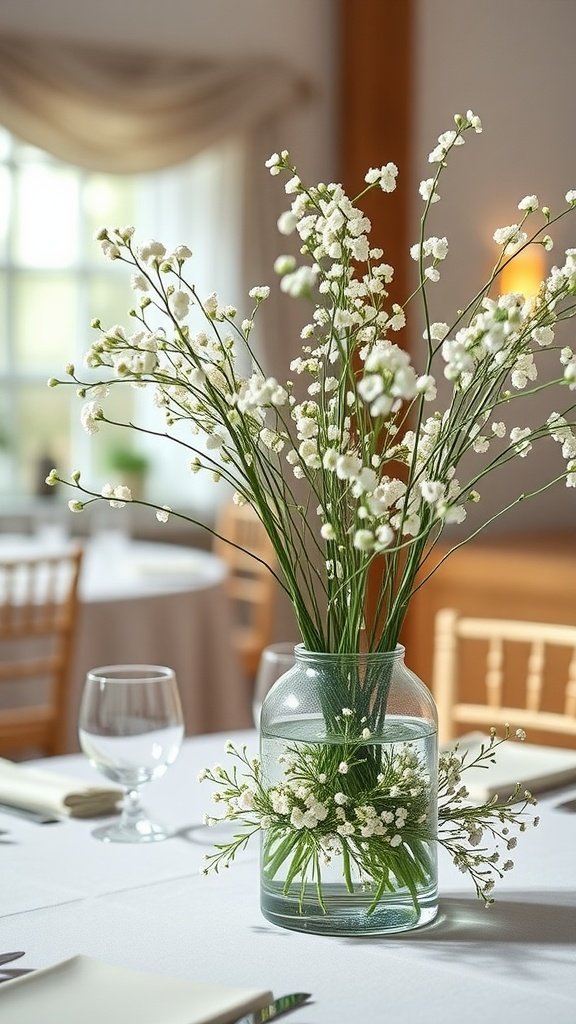 30 Beautiful Baby's Breath Centerpiece DIY Ideas A glass vase filled with baby’s breath flowers, set on a table with other dining elements.