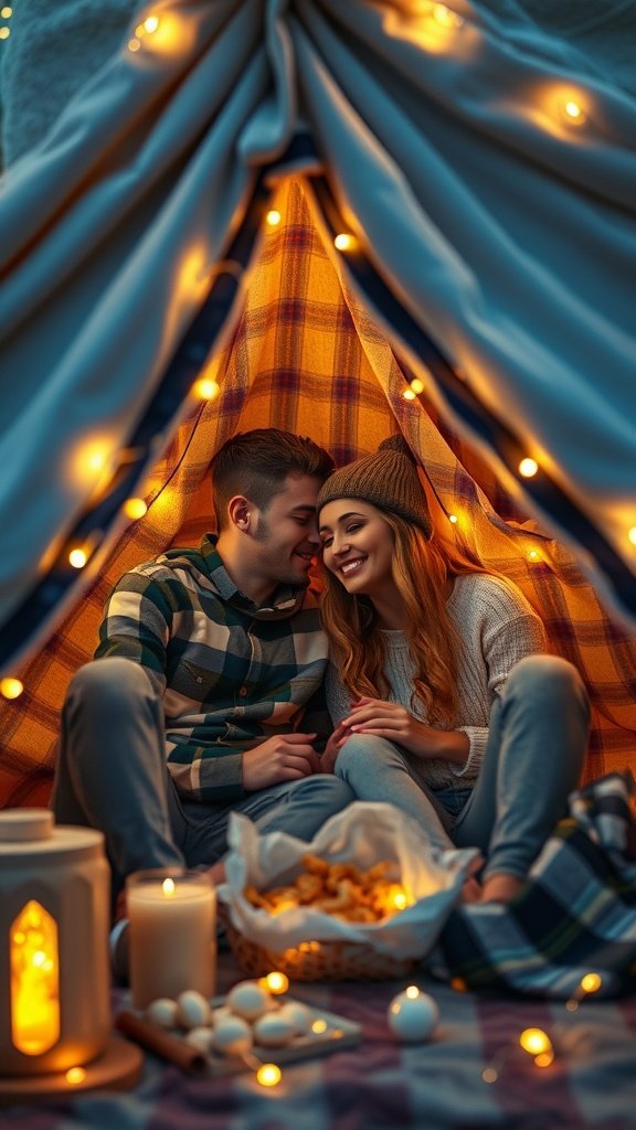 25 Cozy Indoor Date Ideas That'll Ignite the Spark (Prepare for Romance!) A couple sitting in a cozy blanket fort with fairy lights, enjoying snacks and each other's company.