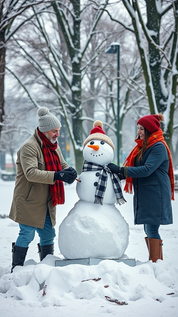 25 Cozy Winter Date Ideas That'll Melt Your Heart (You Won't Believe #5!) A couple building a snowman in a snowy park, both smiling and enjoying the moment. Winter Date Ideas