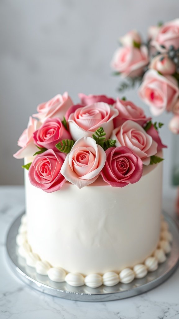 25 Irresistible Valentine’s Day Cake Ideas to Sweeten Your Celebration A beautifully decorated Buttercream Rose Cake topped with pink roses and green leaves against a light background.