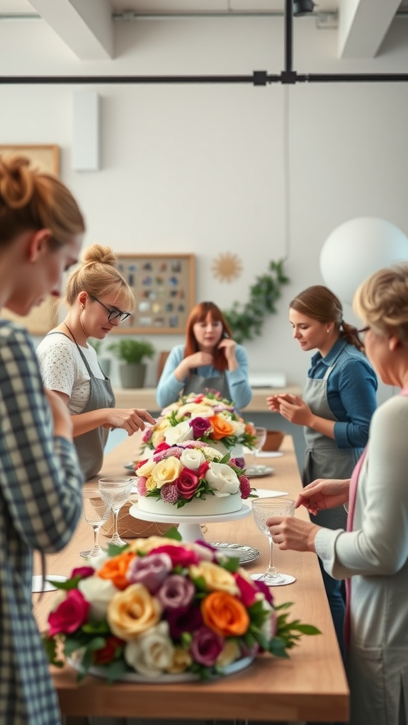 15 Stunning Cake Bouquet Flower Ideas for Your Next Celebration A group of people attending a cake bouquet workshop, creating beautiful cake arrangements.