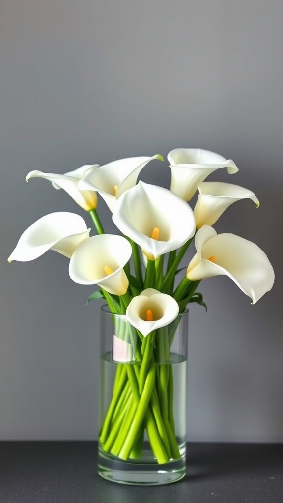 35 Enchanting Spring Wedding Flowers for Your Dream Celebration A beautiful arrangement of white calla lilies in a clear vase with green stems.
