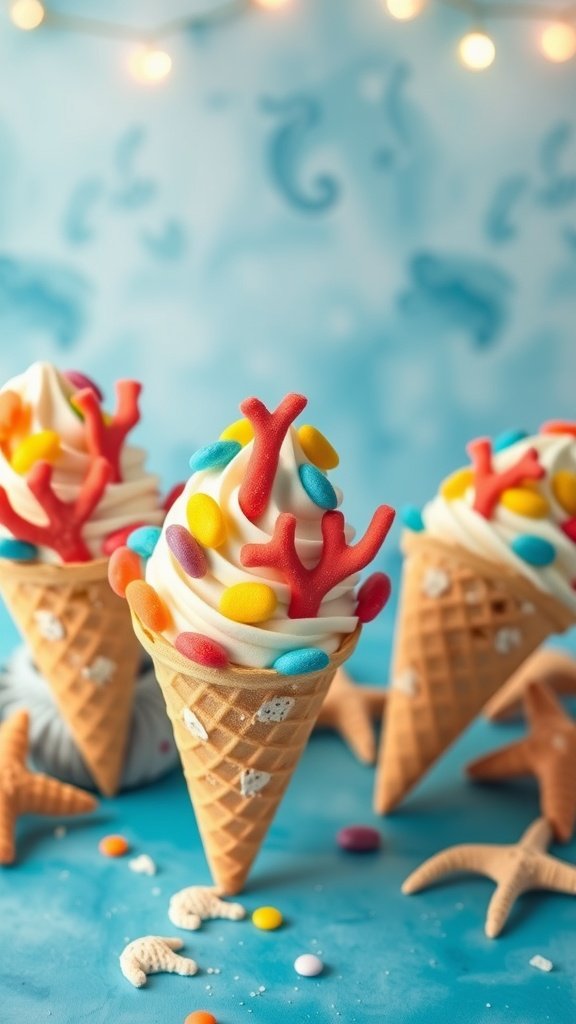 25 Creative Mermaid-Inspired Party Food Ideas Candy Coral Cones with whipped cream and colorful decorations. Mermaid party food