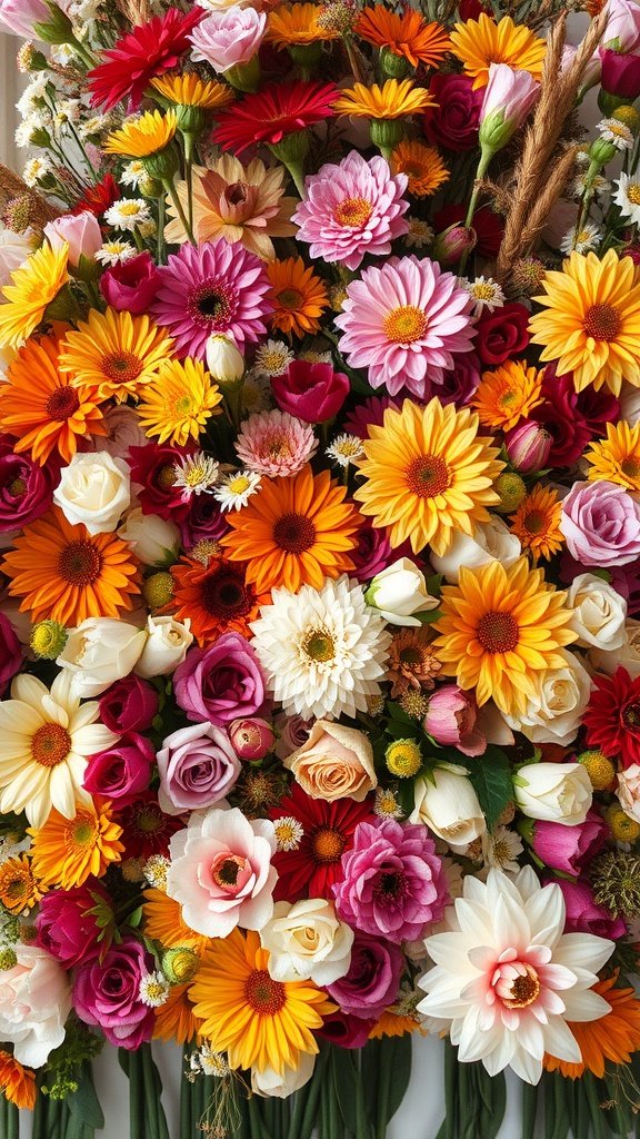 35 Stunning Fall Wedding Flowers That Will Make Your Guests Swoon! A vibrant arrangement of fall wedding flowers featuring reds, oranges, pinks, and yellows.