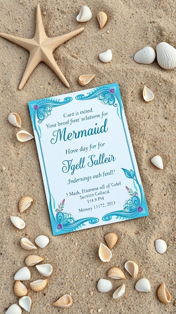 35 Magical Mermaid Party Ideas for an Under-the-Sea Celebration A mermaid party invitation surrounded by seashells and a starfish on sandy beach.