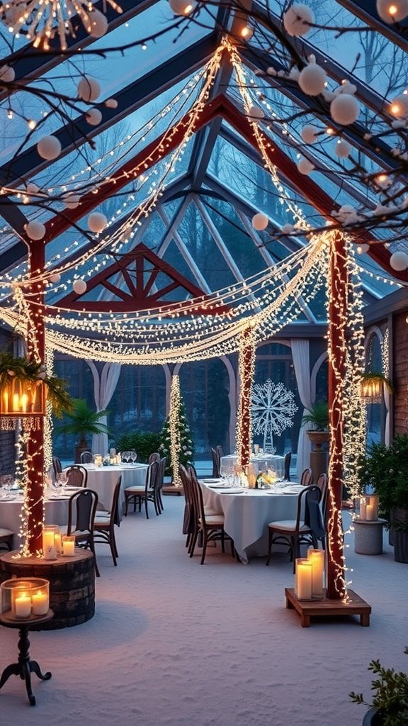 35 Enchanting Ideas for a Magical Winter Wedding A winter wedding setting with fairy lights, candles, and elegant table arrangements in a cozy venue.