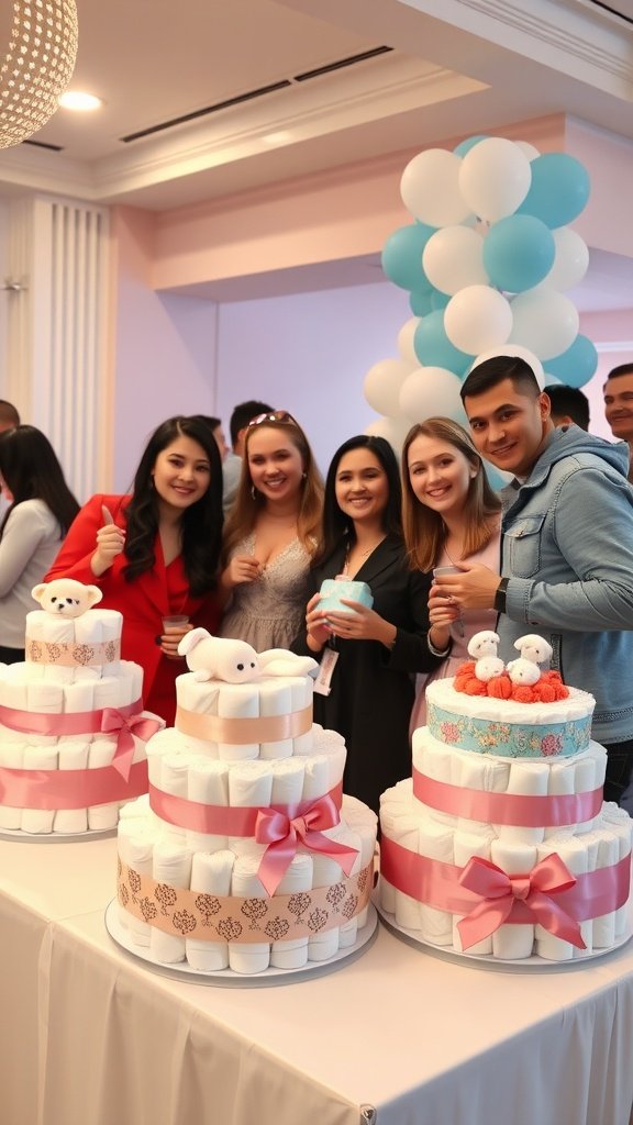 25 Creative Mini Diaper Cake Ideas for Baby Showers Group of friends posing with mini diaper cakes at a baby shower.