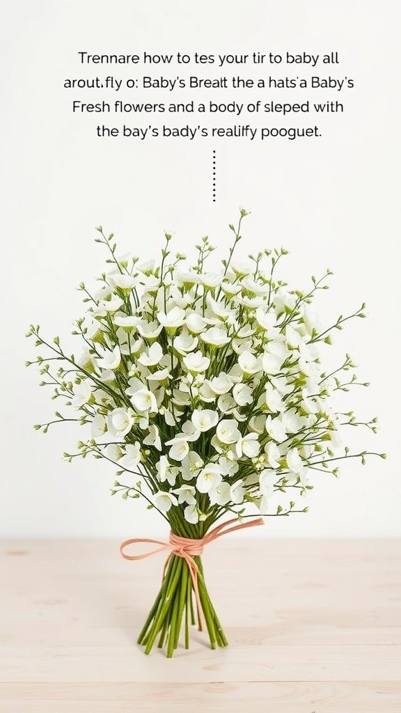 30 Stunning Baby's Breath Bouquets That Will Steal Your Heart (Wait Until You See #4!) A beautiful bouquet of baby's breath flowers tied with a pink ribbon, set against a light wooden surface.