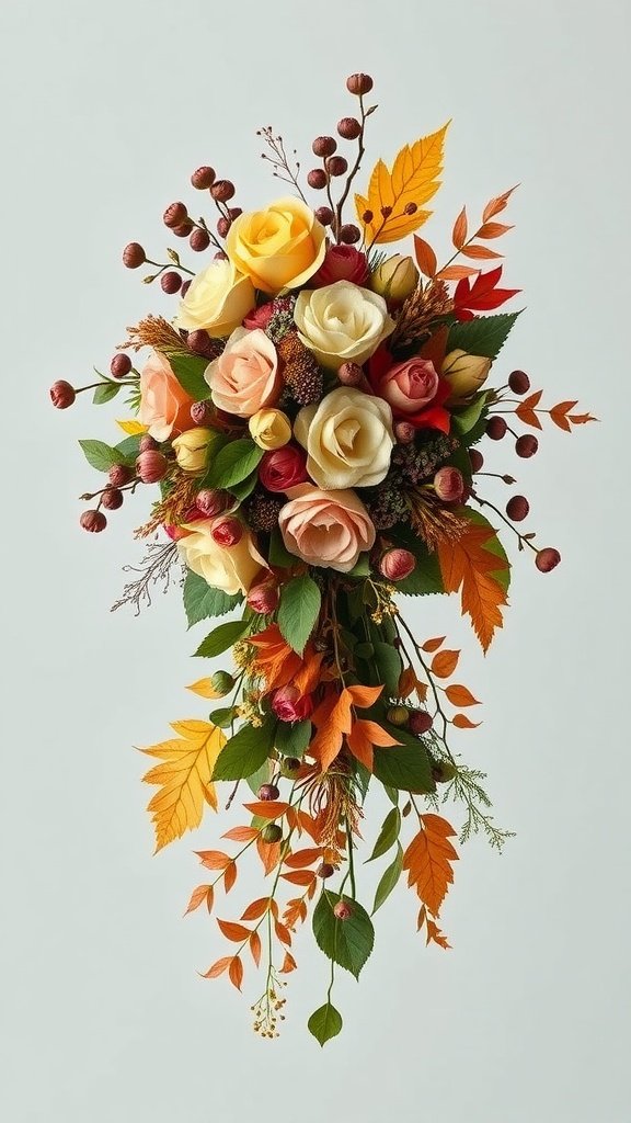 35 Stunning Fall Wedding Flowers That Will Make Your Guests Swoon! A cascading bouquet featuring roses, autumn leaves, and berries.