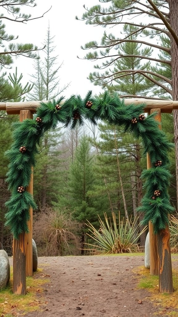 25 Unique Rustic Wedding Arch Ideas to Make Your Ceremony Unforgettable (Trust Us, #3 Is a Show-Stopper!) A wooden cedar frame arch decorated with pine garlands and pine cones, set in a natural outdoor environment.
