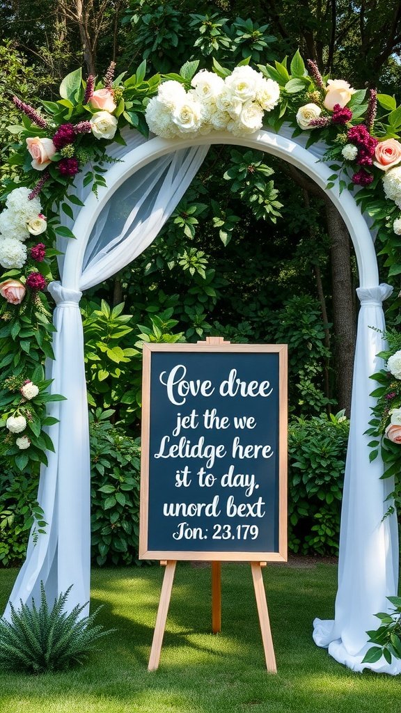 25 Unique Rustic Wedding Arch Ideas to Make Your Ceremony Unforgettable (Trust Us, #3 Is a Show-Stopper!) A rustic wedding arch featuring a chalkboard sign with floral decorations.