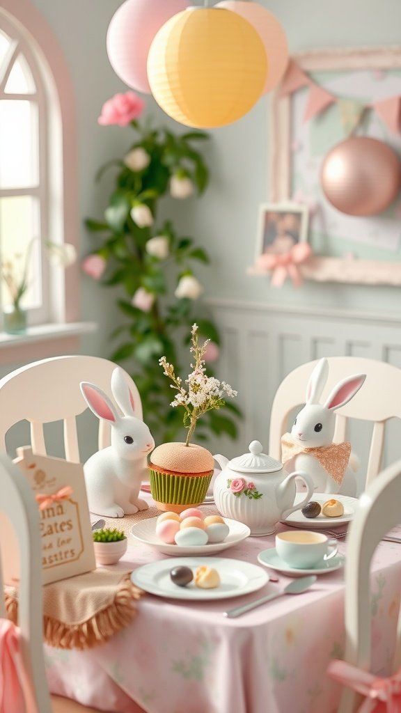 35 Charming Easter Tea Party Ideas for a Festive Celebration A beautifully arranged Easter tea party table with bunny decorations, pastel colors, cupcakes, and sweets.