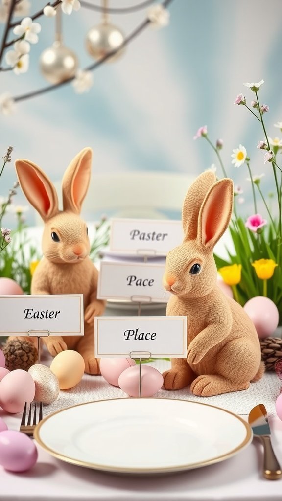 35 Easter Tablescape Ideas for a Festive Celebration Bunny place settings with colorful Easter eggs and flowers