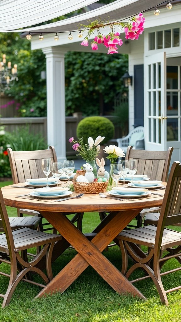 35 Easter Tablescape Ideas for a Festive Celebration A beautifully arranged Easter tablescape outdoors with a round wooden table, blue plates, elegant glassware, and a charming basket centerpiece.