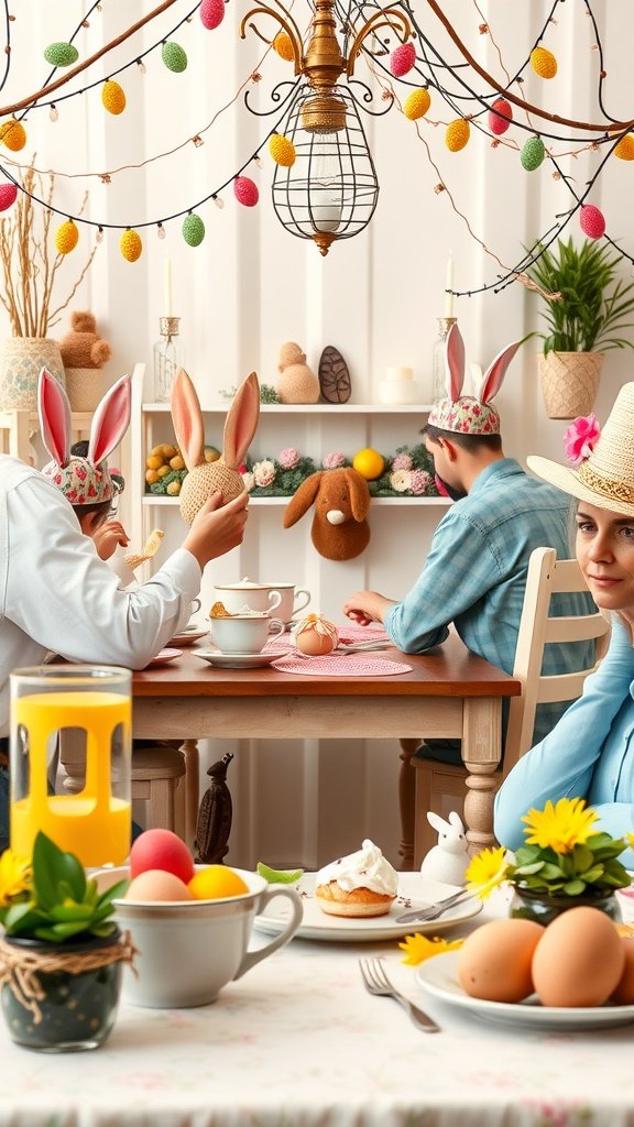 35 Charming Easter Tea Party Ideas for a Festive Celebration A charming Easter tea party scene with guests wearing bunny hats and colorful decorations.