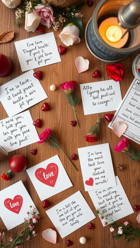 25 Stunning Valentines Table Decor Ideas That Will Make Your Dinner an Unforgettable Romance! A collection of charming love notes with flowers and decorative hearts for Valentine's table decor.