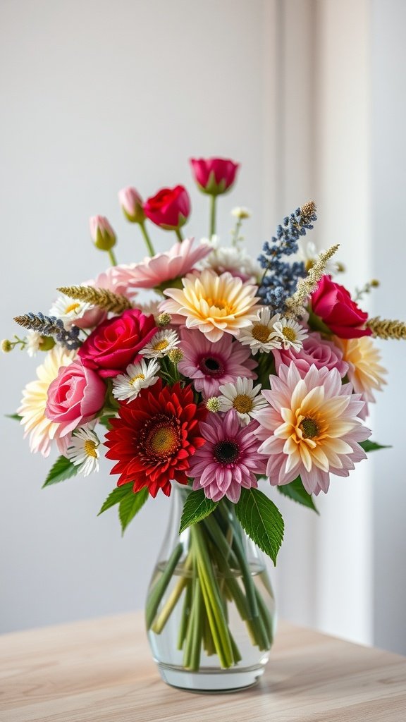35 Wedding Winter Flower Bouquets That Will Make Your Heart Skip a Beat (Don't Miss #9!) A vibrant bouquet of winter flowers featuring roses, gerbera daisies, and greenery in a clear vase.
