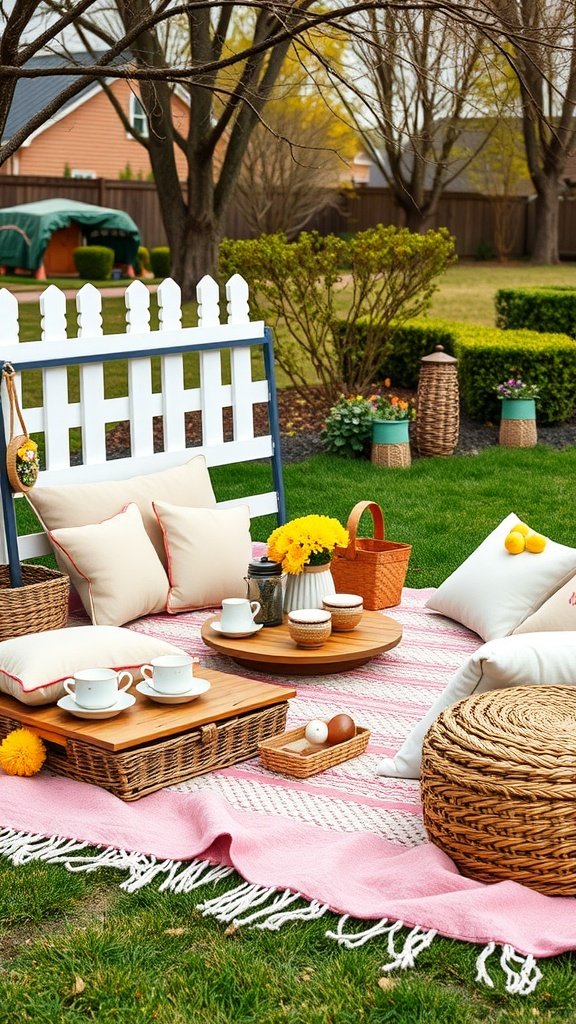 35 Charming Easter Tea Party Ideas for a Festive Celebration A charming picnic-style seating setup for an Easter tea party, featuring a pink blanket, pillows, and low tables with treats.