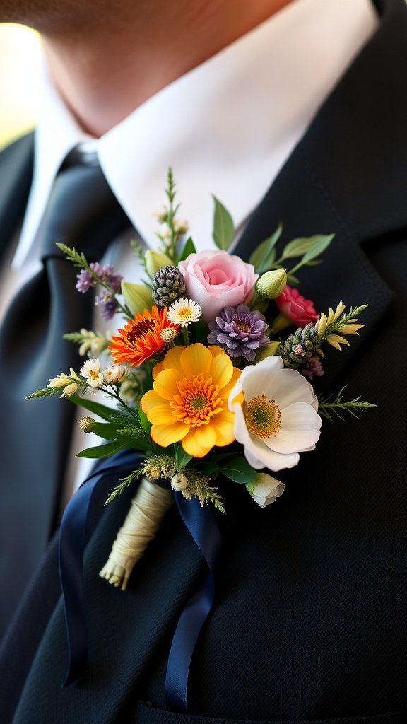 35 Stunning Fall Wedding Flowers That Will Make Your Guests Swoon! A colorful boutonniere featuring a mix of flowers including marigolds and roses, complemented by a dark ribbon.