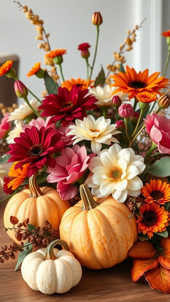 35 Stunning Fall Wedding Flowers That Will Make Your Guests Swoon! A beautiful fall wedding floral arrangement with colorful flowers and small pumpkins.