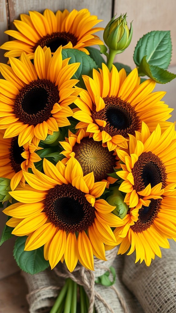 35 Stunning Fall Wedding Flowers That Will Make Your Guests Swoon! Bouquet of bright sunflowers with green leaves, tied with burlap
