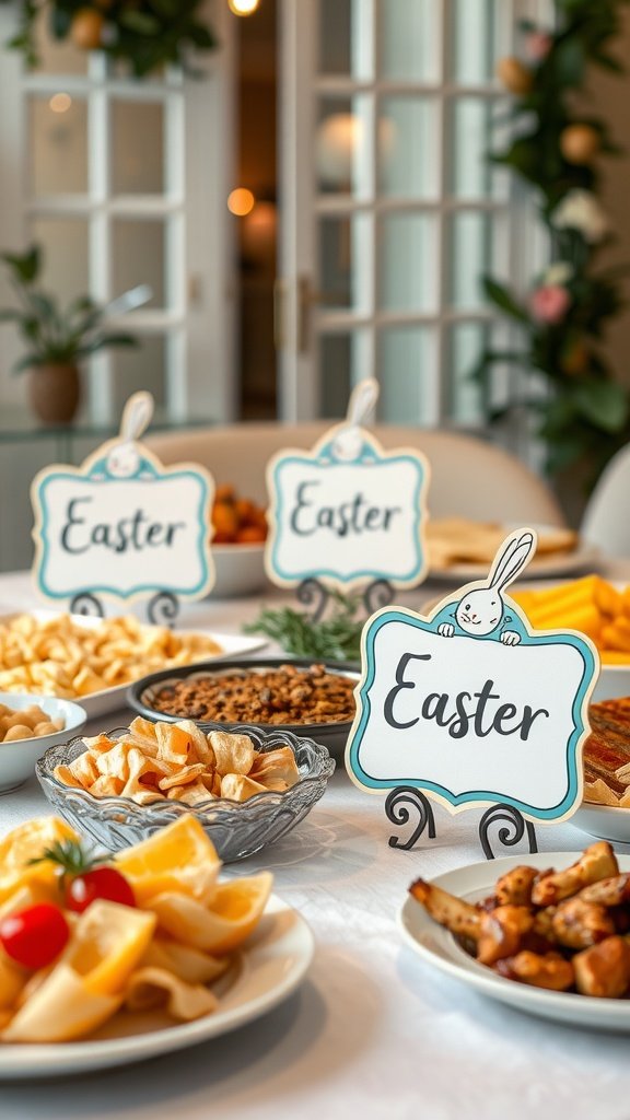 35 Easter Tablescape Ideas for a Festive Celebration Easter table setup with decorative signage and various dishes.
