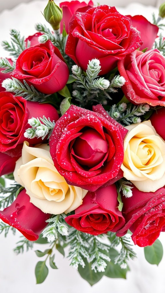 35 Wedding Winter Flower Bouquets That Will Make Your Heart Skip a Beat (Don't Miss #9!) A bouquet of red and cream winter roses with frosty greenery.