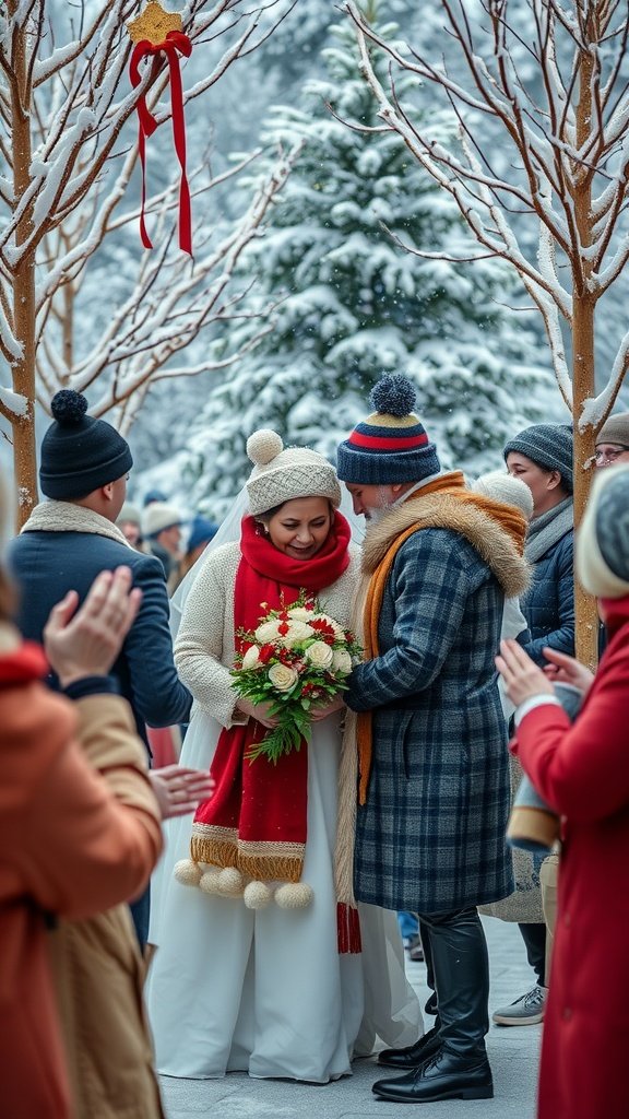 35 Enchanting Ideas for a Magical Winter Wedding A couple celebrating their winter wedding under snowy trees, surrounded by joyful guests.