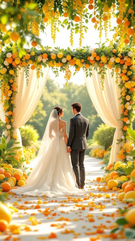 25 Beautiful Spring Wedding Color Palettes to Inspire Your Big Day A couple holding hands under a citrus-themed wedding arch adorned with oranges and floral decorations.