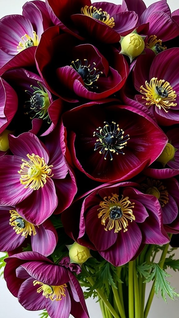 35 Wedding Winter Flower Bouquets That Will Make Your Heart Skip a Beat (Don't Miss #9!) A beautiful bouquet of deep maroon anemones with yellow centers and a few green accents